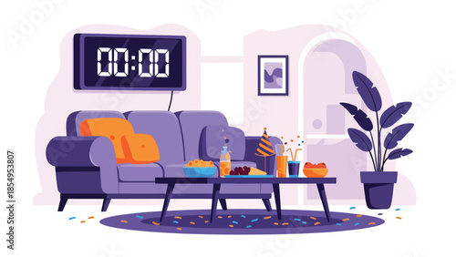 Modern flat vector illustration of cozy New Year celebration in living room with clock at midnight and confetti, minimal interior style, ideal for greeting cards