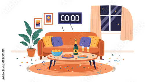 Modern flat vector illustration of cozy New Year celebration in living room with clock at midnight and confetti, minimal interior style, ideal for greeting cards