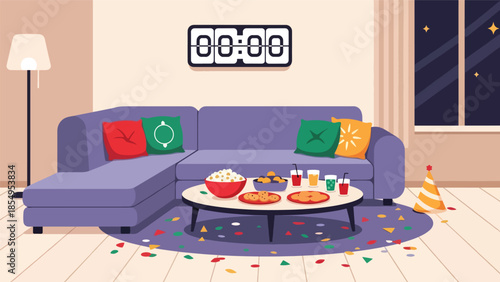 Modern flat vector illustration of cozy New Year celebration in living room with clock at midnight and confetti, minimal interior style, ideal for greeting cards