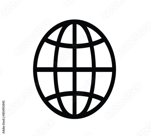 A simple black and white illustration of a globe showing the grid lines representing longitude and latitude