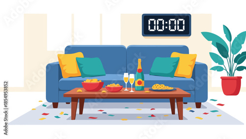 Modern flat vector illustration of cozy New Year celebration in living room with clock at midnight and confetti, minimal interior style, ideal for greeting cards