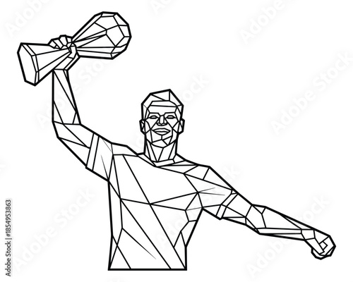 Lowpoly man holding trophy celebrating victory in sports