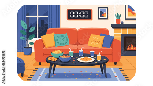 Modern flat vector illustration of cozy New Year celebration in living room with clock at midnight and confetti, minimal interior style, ideal for greeting cards