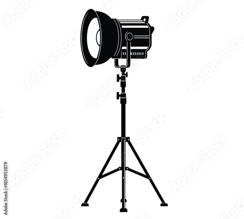 A detailed illustration of a professional studio spotlight on a tripod commonly used in photography and filmmaking