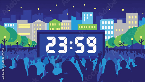 Modern flat vector illustration of New Year countdown in public square with digital clock and crowd silhouettes at night, ideal for event promotions