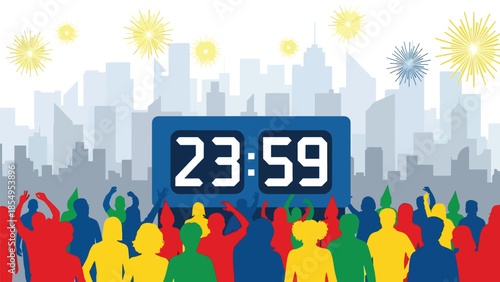 Modern flat vector illustration of New Year countdown in public square with digital clock and crowd silhouettes at night, ideal for event promotions