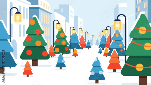 Modern flat vector illustration of winter New Year street with snow, lanterns and decorated trees, festive urban scene, ideal for seasonal designs