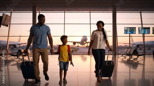 Family Traveling through Airport at Sunset with Luggage and Excitement