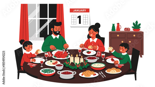 Modern flat vector illustration of family New Year dinner at home with festive table and January 1 calendar, warm interior scene, ideal for greeting cards