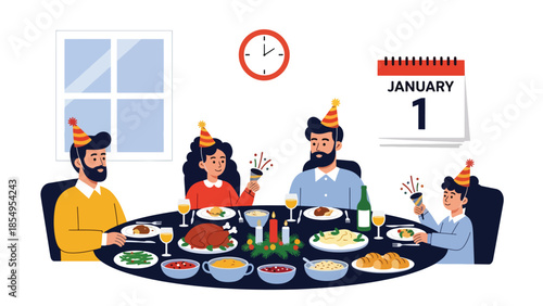 Modern flat vector illustration of family New Year dinner at home with festive table and January 1 calendar, warm interior scene, ideal for greeting cards