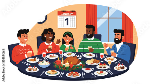 Modern flat vector illustration of family New Year dinner at home with festive table and January 1 calendar, warm interior scene, ideal for greeting cards