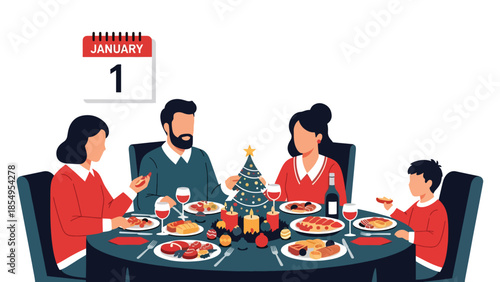 Modern flat vector illustration of family New Year dinner at home with festive table and January 1 calendar, warm interior scene, ideal for greeting cards
