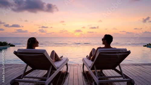 Serene sunset by the ocean with couples relaxing on lounge chairs capturing