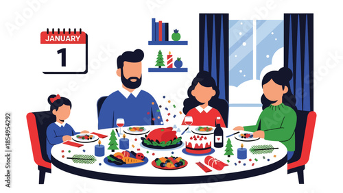 Modern flat vector illustration of family New Year dinner at home with festive table and January 1 calendar, warm interior scene, ideal for greeting cards
