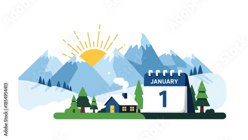Modern flat vector illustration of New Year morning sunrise over mountains with small house and January 1 calendar, calm winter scene, ideal for backgrounds