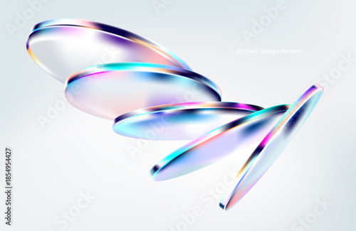 Abstract vector background of 3D glass circle and ovals. Transparent iridescent geometric shapes for poster and presentation design.