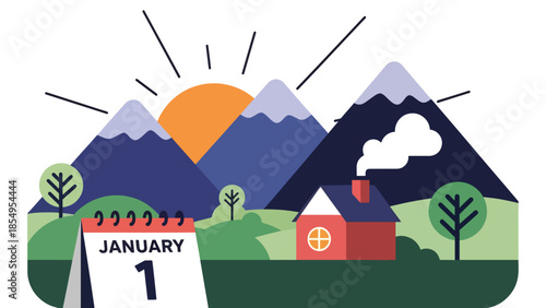 Modern flat vector illustration of New Year morning sunrise over mountains with small house and January 1 calendar, calm winter scene, ideal for backgrounds