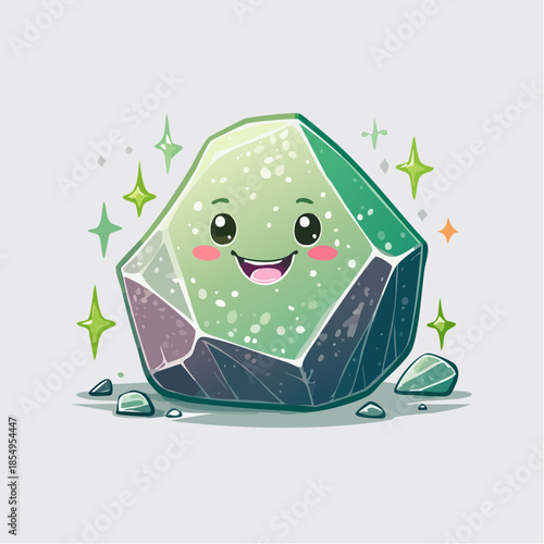 Cute cartoon green crystal with a happy face and sparkling stars.