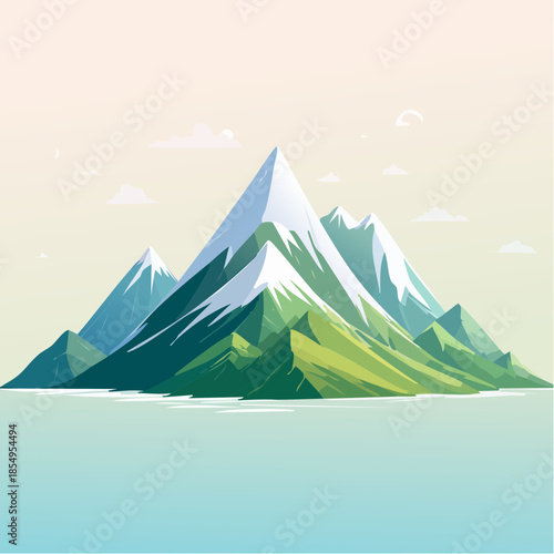 A stylized illustration of a mountain range with snow-capped peaks, green slopes, and a serene, pastel-colored sky.