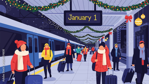 Modern flat vector illustration of New Year travel scene at train station with January 1 sign, night setting, ideal for travel promotions