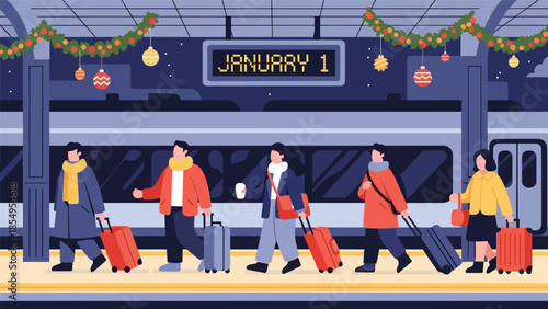 Modern flat vector illustration of New Year travel scene at train station with January 1 sign, night setting, ideal for travel promotions