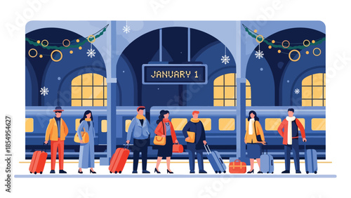 Modern flat vector illustration of New Year travel scene at train station with January 1 sign, night setting, ideal for travel promotions
