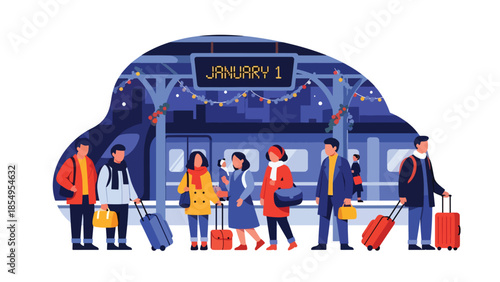 Modern flat vector illustration of New Year travel scene at train station with January 1 sign, night setting, ideal for travel promotions