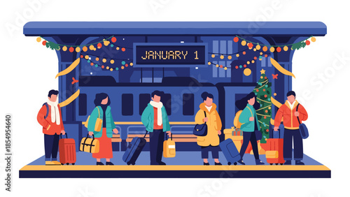 Modern flat vector illustration of New Year travel scene at train station with January 1 sign, night setting, ideal for travel promotions