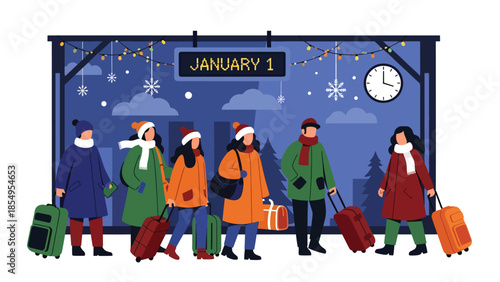 Modern flat vector illustration of New Year travel scene at train station with January 1 sign, night setting, ideal for travel promotions