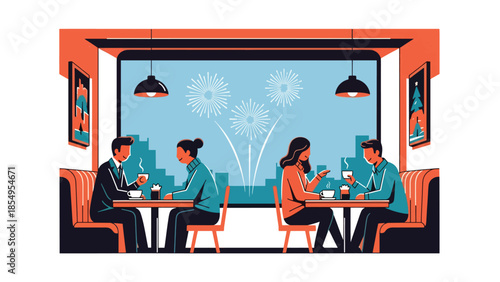 Modern flat vector illustration of New Year café scene with people chatting and fireworks outside window, cozy festive mood, ideal for lifestyle designs