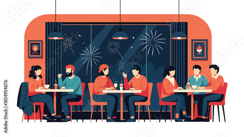 Modern flat vector illustration of New Year café scene with people chatting and fireworks outside window, cozy festive mood, ideal for lifestyle designs