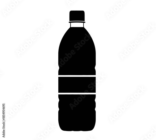 Simple black silhouette of a plastic water bottle isolated on a plain white background