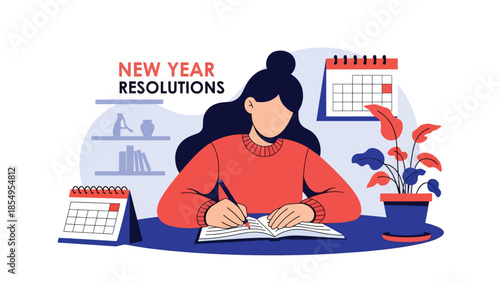 Modern flat vector illustration of New Year resolutions concept with person writing goals at desk, clean interior scene, ideal for motivation content