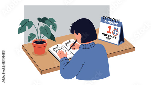 Modern flat vector illustration of New Year resolutions concept with person writing goals at desk, clean interior scene, ideal for motivation content