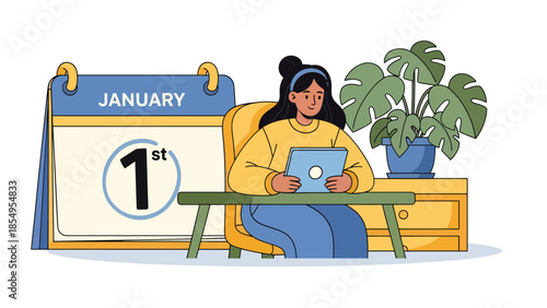Modern flat vector illustration of New Year resolutions concept with person writing goals at desk, clean interior scene, ideal for motivation content
