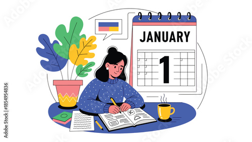 Modern flat vector illustration of New Year resolutions concept with person writing goals at desk, clean interior scene, ideal for motivation content