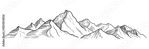 Hand drawn mountain peak illustration on white background. Minimalist mountain range vector art, rugged summit sketch, outdoor adventure symbol, nature landscape icon for logo design