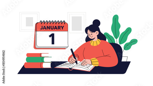 Modern flat vector illustration of New Year resolutions concept with person writing goals at desk, clean interior scene, ideal for motivation content