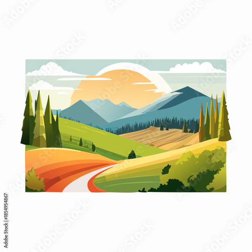 Scenic landscape illustration with rolling hills, mountains, and a winding road under a bright sun.