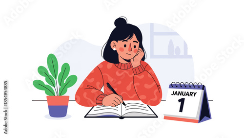 Modern flat vector illustration of New Year resolutions concept with person writing goals at desk, clean interior scene, ideal for motivation content
