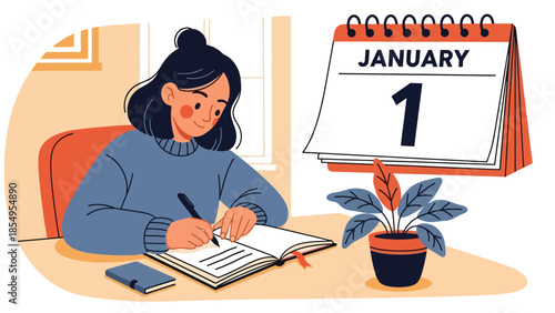 Modern flat vector illustration of New Year resolutions concept with person writing goals at desk, clean interior scene, ideal for motivation content
