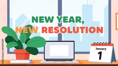 Modern flat vector illustration of New Year New Resolution workspace reset with clean desk, laptop and January calendar, minimal interior, ideal for business content