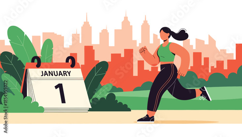 Modern flat vector illustration of New Year fitness resolution with person jogging in city park at sunrise, motivational scene, ideal for health content