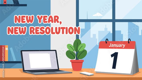 Modern flat vector illustration of New Year New Resolution workspace reset with clean desk, laptop and January calendar, minimal interior, ideal for business content