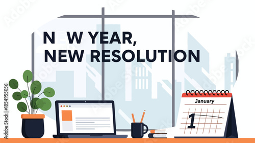 Modern flat vector illustration of New Year New Resolution workspace reset with clean desk, laptop and January calendar, minimal interior, ideal for business content