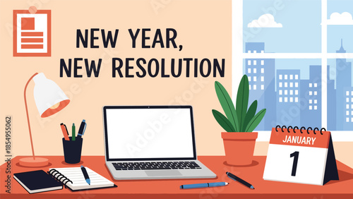 Modern flat vector illustration of New Year New Resolution workspace reset with clean desk, laptop and January calendar, minimal interior, ideal for business content