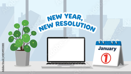 Modern flat vector illustration of New Year New Resolution workspace reset with clean desk, laptop and January calendar, minimal interior, ideal for business content