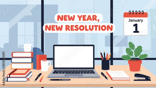 Modern flat vector illustration of New Year New Resolution workspace reset with clean desk, laptop and January calendar, minimal interior, ideal for business content