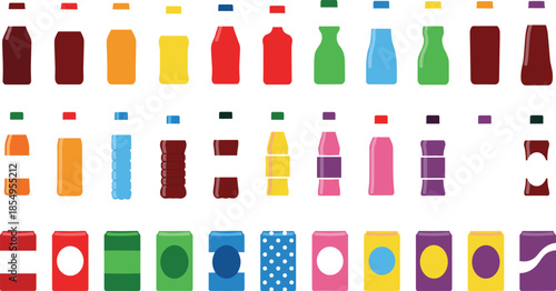 Plastic bottle packaging vector set with colorful beverage containers, juice, soda, milk, and water bottle shapes for product design and branding concepts