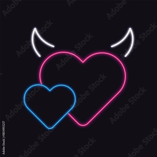 A stylized illustration of two neon hearts, one pink with horns, representing a mix of sweet and mischievous love.